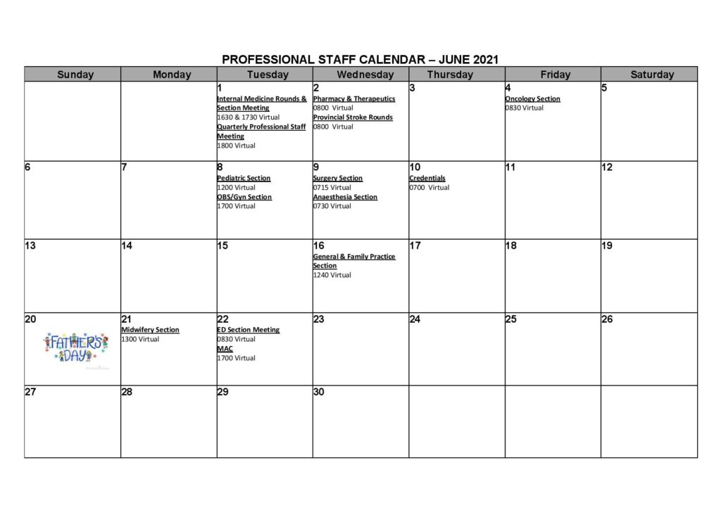 Here is the Professional Staff Calendar for June 2021. Any revisions made to the calendar will be posted to the Intranet and to the bulletin board in the Professional Staff Lounge.